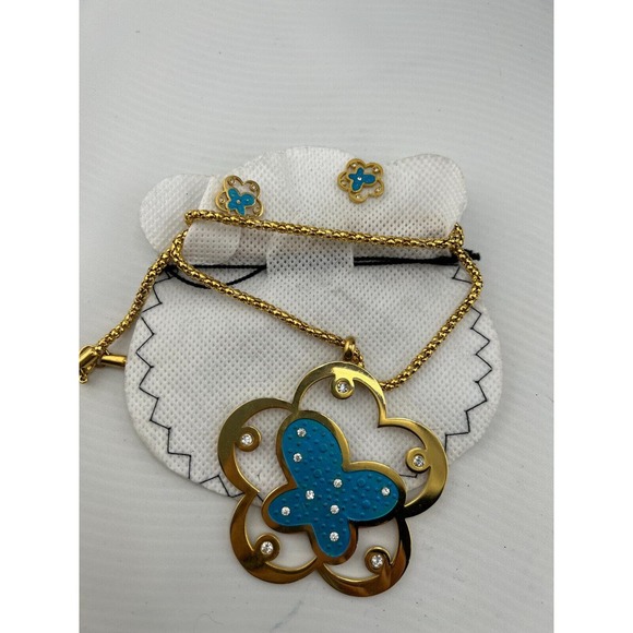 Brilho X Steel Butterfly Pandat Necklace Earrings Set Gold Tone - Picture 1 of 8